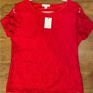 Calvin Klein Vibrant Red Rose Lace Blouse NWT